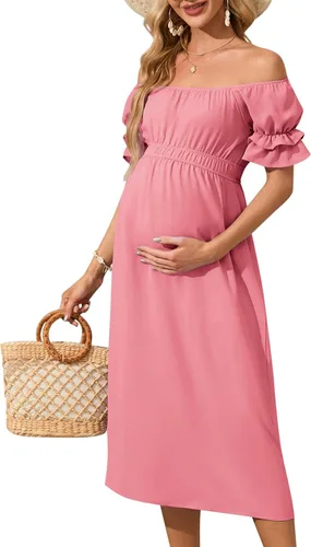 KOJOOIN Vestido de maternidad de manga corta con hombros descubiertos para mujer, vestido de verano casual con volantes, vestido midi fluido para