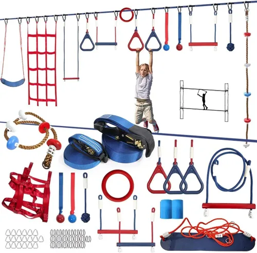 Miniatura 10 de Hyponix - Carrera de obstáculos Ninja Warrior para niños, línea floja de 2 x 50 pies con 10 obstáculos ninja al aire libre, soporta 880 libras - Red