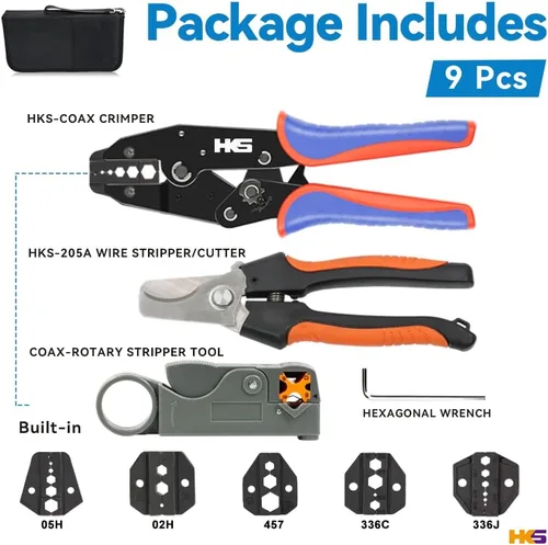 HKS Kit de herramientas de crimpado de trinquete coaxial para conector RF de cable coaxial RG con 5 troqueles intercambiables, pelacables/cortador