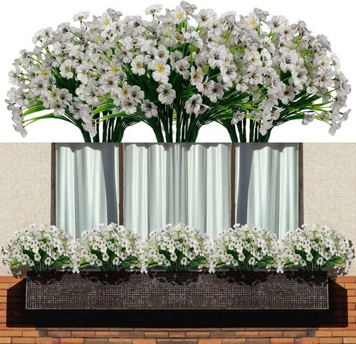 Miniatura 11 de Flores artificiales 15 racimos para exteriores, resistentes a los rayos UV, tela de plástico, plantas verdes para colgar macetas, cocina, hogar, Azul