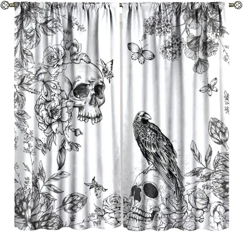 Cortinas góticas de calavera, vintage, rústico, minimalista, bosquejo, esqueleto, pájaro, mariposa, tratamiento de ventana para Halloween, cortinas