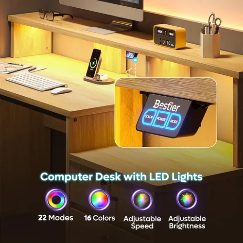Miniatura 4 de Bestier Escritorio para computadora de 55 pulgadas con tomas de corriente y luces LED, escritorio de oficina en casa con cajón de archivos