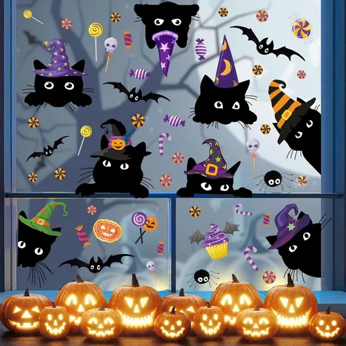 Miniatura 11 de Adhesivos de ventana de Navidad para ventana de Navidad, gato negro y menta, calcomanías de pared para decoración de ventanas de tienda de vidrio