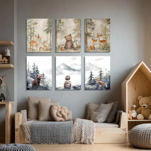 Miniatura 6 de Cyebmo Juego de 3 pinturas enmarcadas de animales del bosque, decoración de pared de animales salvajes del bosque, decoración de pared, pintura
