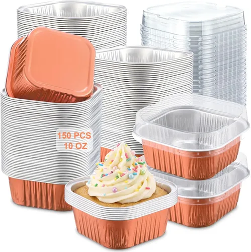 Miniatura 24 de Aoriher 150 piezas de moldes mini para pasteles de 10 onzas con tapas, tazas de horneado de papel de aluminio cuadradas desechables de 4" x 4