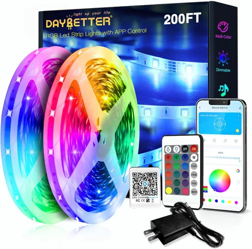DAYBETTER - Tira de luces LED de 200 pies (2 rollos de 100 pies), tira de luces que cambian de color para dormitorio, escritorio, interior,