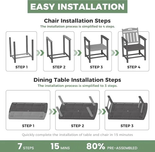 Miniatura 9 de Juego de comedor de patio al aire libre de HDPE con mesa y 6 sillas, juego de mesa y sillas de 7 piezas para todo clima, agujero para sombrilla de 2