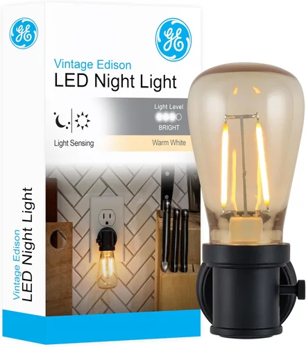 GE - Luz nocturna LED vintage Edison, para enchufar, con sensor de atardecer a amanecer, decoración de casa rural, iluminación ambiental, decoración