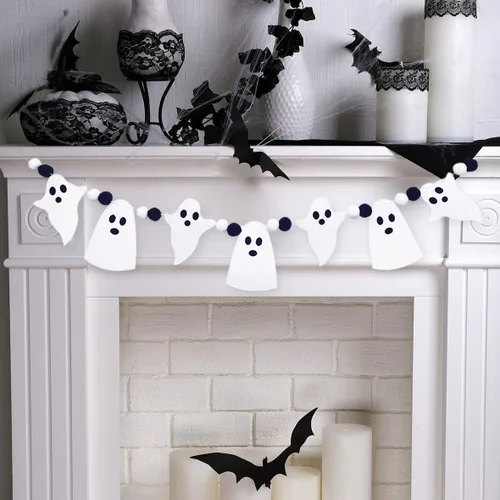 Miniatura 9 de JSDJ Cartel de Feliz Halloween, guirnalda de fieltro con decoraciones de calabaza araña, suministros de fiesta para uso en interiores, pared