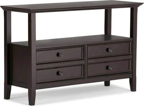 SIMPLIHOME Amherst - Mesa consola – Mesa de sofá de madera maciza de 48 pulgadas de ancho en color marrón nogal, mesa de almacenamiento de