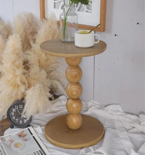 Miniatura 7 de dwellington Pequeña mesa auxiliar redonda de madera con base de pedestal de bola apilada, mesita de noche decorativa de 12.4 x 17.32 pulgadas