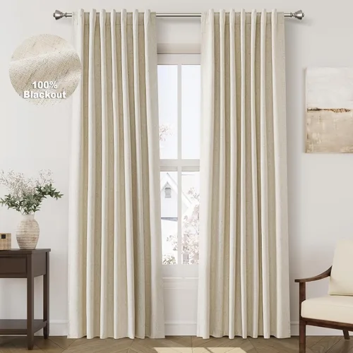 Miniatura 34 de Cortinas de lino 100% opacas para dormitorio, 102 pulgadas de largo, con pestaña trasera, bolsillo para barra, paneles acústicos con aislamiento
