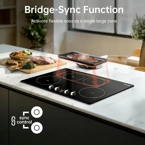 Miniatura 3 de Placa de cocción de inducción de 30 pulgadas, 4 quemadores con elemento de puente, estufa integrada de 7800 W, función de refuerzo, 10 niveles