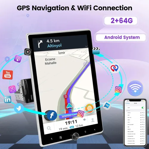 Miniatura 4 de 2+64G Android Single DIN 10.4 pulgadas Rotación vertical Pantalla táctil Radio de coche con Bluetooth, CarPlay inalámbrico y Android Auto, WiFi