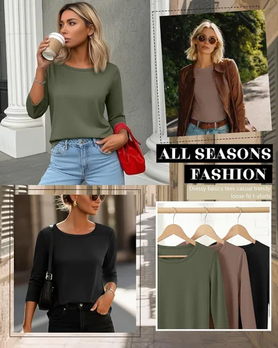 Miniatura 2 de Ficerd Paquete de 3 camisetas de manga 3/4 para mujer, cuello redondo, camisetas básicas elegantes, casuales, modernas, holgadas