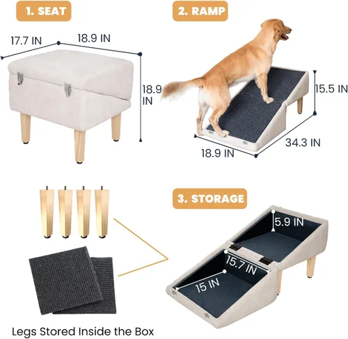 Miniatura 5 de Rampa para perros 3 en 1 con almacenamiento – Escaleras para mascotas para perros y gatos, suave para las articulaciones de mascotas mayores
