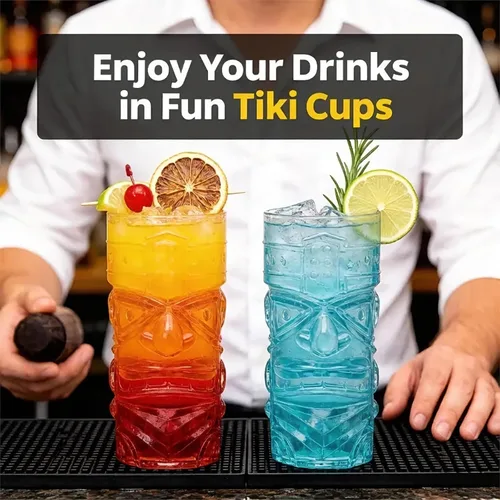 Miniatura 7 de Okllen Paquete de 8 tazas Tiki de plástico, tazas de cóctel Tiki transparentes de 16 onzas, vasos trapicales elegantes para bar moderno, fiesta