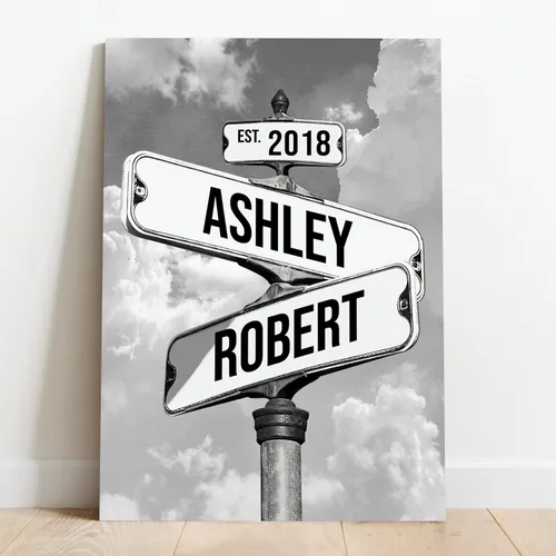 Miniatura 2 de Mapileng Lienzo personalizado de Crossroads Street Sign para parejas, nombres personalizados y fecha, arte de pared vintage, regalo del día de San