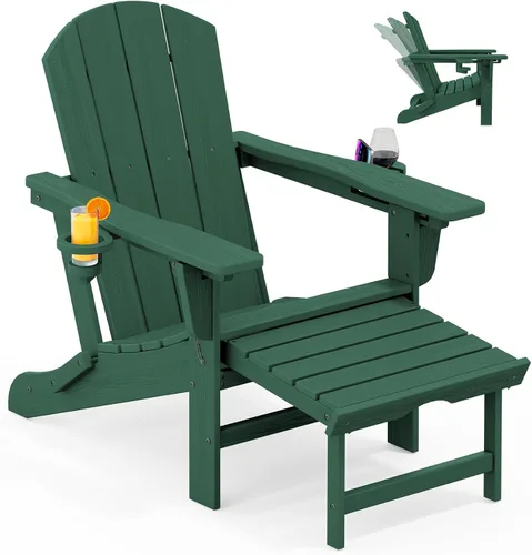 Miniatura 23 de KINGYES Silla Adirondack plegable ajustable con otomana retráctil, silla reclinable Adirondack de polietileno de alta densidad con soporte
