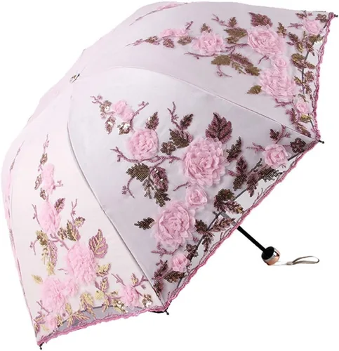 Miniatura 13 de Honeystore Sombrilla bordada con flor 3D plegable UV con encaje clásico