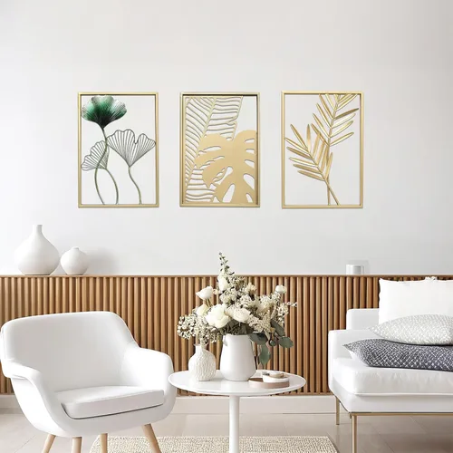 Miniatura 4 de SwallowLiving Decoración de Pared Dorada, 3 Piezas de Arte de Pared de Metal para Sala de Estar, Esculturas Modernas Lujosas Decoración del Hogar