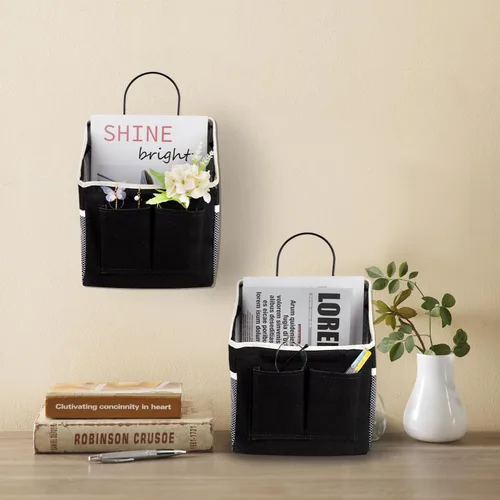 Miniatura 2 de LYroo Paquete de 2 cestas organizadoras negras para colgar en la pared con bolsillos para baño, dormitorio, cocina, dormitorio, artículos esenciales
