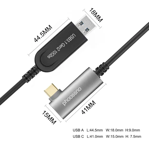 Miniatura 6 de Cable de extensión USB A a C de fibra óptica USB 3.2 Gen2 10Gbps 10M 33 pies en ángulo recto compatible con Microsoft Azure Logitech Aver Vaddio