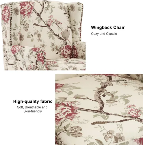Miniatura 3 de Silla decorativa floral con respaldo alto, sillón tapizado con patas de madera maciza, cómodo sofá individual de lectura con respaldo alado