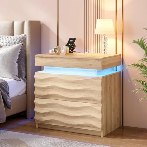 Miniatura 13 de Mesita de noche LED con estación de carga, moderna mesita de noche negra con luz de sensor corporal, mesita de noche con 2 cajones de almacenamiento