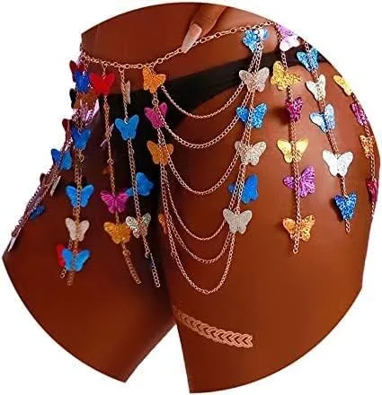 Cadena de cuerpo con borlas y lentejuelas, falda de mariposa dorada colorida en capas, para fiesta en la playa, accesorios ajustables para el