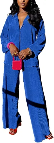 kaimimei - Conjunto informal de 2 piezas para mujer, camisa de lino de manga larga con botones y pantalones acampanados, plisados, de pierna ancha,
