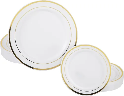 Prestee Juego de platos desechables de 50 piezas, color blanco con borde dorado para fiestas, vacaciones, bodas, incluye 25 platos llanos y 25