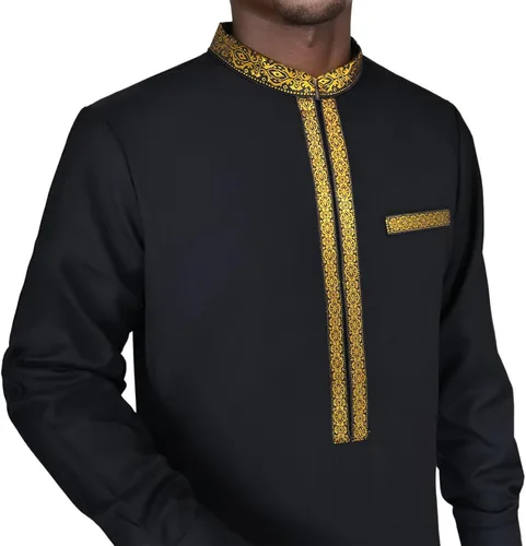 Miniatura 4 de Conjunto de camisa y pantalones bordados dorados africanos para hombre, trajes tradicionales tribales
