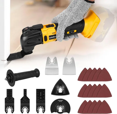 bellaDimora Multiherramienta oscilante compatible con DeWalt 20V MAX, motor sin escobillas de 600 W (6000-20000 OPM), kit de accesorios de 23 piezas