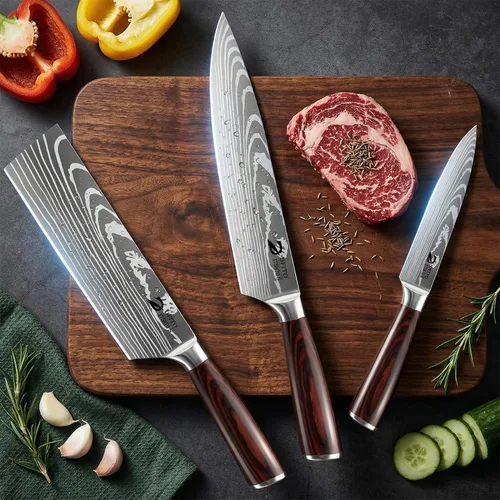 Miniatura 7 de Dfito Juego de cuchillos de cocina, 3 piezas de acero inoxidable de alto carbono con mango de madera de Pakkawood roja, juegos de cuchillos de chef
