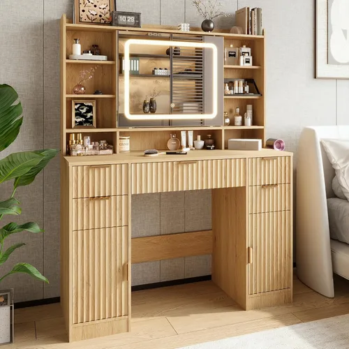 Escritorio de tocador acanalado de 43.3 pulgadas con espejo y luces, escritorio de maquillaje de madera con estación de carga y espejo móvil, Roble