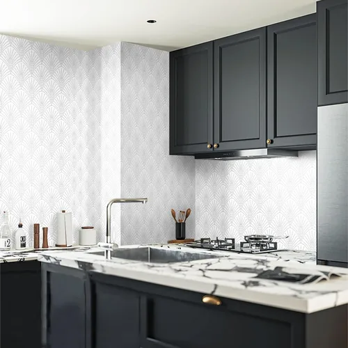 Miniatura 7 de Ismoon Papel tapiz geométrico de 17.3 x 393 pulgadas, papel tapiz blanco y plateado, papel tapiz moderno autoadhesivo de pared, papel de contacto