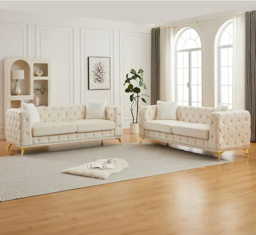 Miniatura 14 de KEIKI Sofá Chesterfield de terciopelo de lujo de 61 pulgadas con 2 almohadas, estilo mediados de siglo con botones copetudos de 2 plazas con cojines