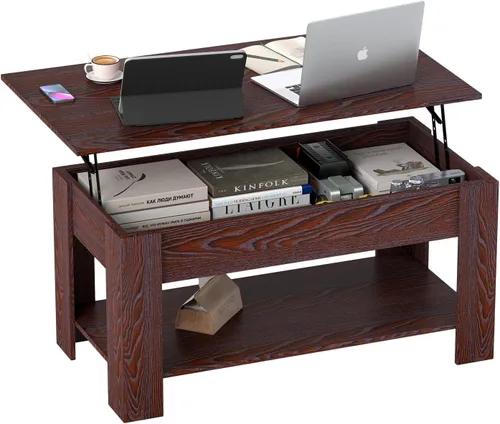 Miniatura 12 de FDW Mesa de Centro Elevable de 39.4 pulgadas con Compartimento Oculto y Estante de Almacenamiento, Tablero de Madera Elevable para Hogar, Sala