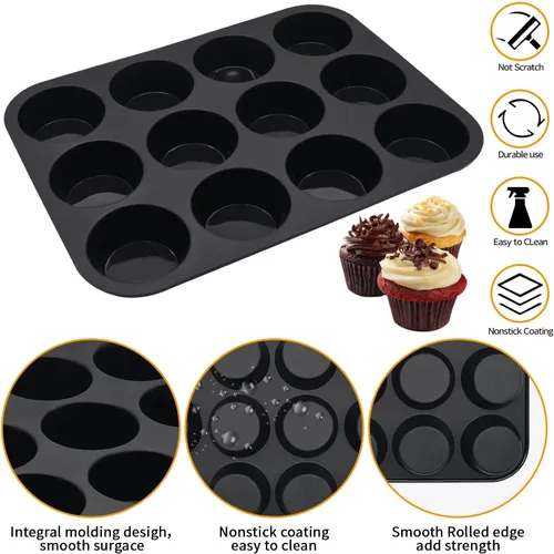 Miniatura 2 de Juego de moldes de silicona para muffins, 2 piezas de 2.8 pulgadas, 12 tazas, molde para mordedura de huevo, antiadherente, fácil liberación