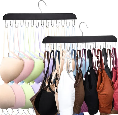 Paquete de 2 perchas para brasieres, perchas de madera sin mangas con 14 ganchos plegables, colgador de brasier para organizador de armario, perchas