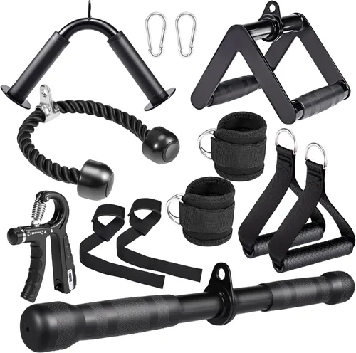 Conjunto de accesorios para máquina de cable 10 en 1 para gimnasio - Incluye cuerda para tríceps, barra en V, barra recta, mango en D, correas para