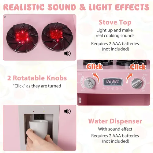 Miniatura 3 de Costzon Juego de cocina para niños, gran juego de juguetes de cocina de chef de madera con sonidos y luces reales, microondas, pizarra, horno, Rosa