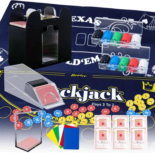 Extguds Juego de póquer de casino, Blackjack/Texas Hold'em/Poker con zapato, bandeja de descarte, barajador automático, 200 fichas, 6 cartas de
