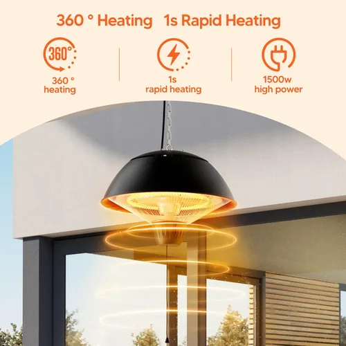 Miniatura 5 de Calentador eléctrico para exteriores, calentador de patio infrarrojo colgante de 1500 W para uso al aire libre, calentador eléctrico impermeable