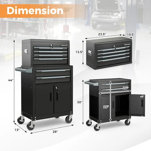 Miniatura 3 de IRONMAX Cofre de herramientas rodante, 2 en 1 ampliado de acero resistente con 6 cajones con caja de herramientas superior bloqueable y 4 ruedas