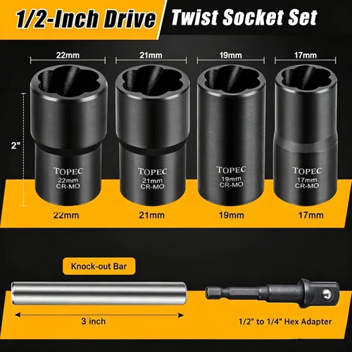 Miniatura 2 de Topec 6 herramientas de extracción de tuercas de llanta, kit de extracción de bloqueo de rueda motriz de 1/2 pulgada, removedor de tuercas peladas