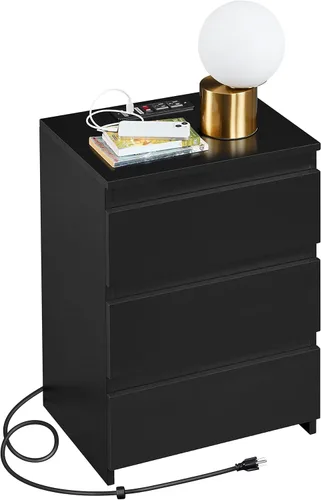 Miniatura 9 de Yaheetech - Mesita de noche con cajones, mesa auxiliar de cabecera con 3 cajones y base resistente, mesa de acento de madera con espacio de Negro