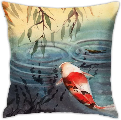 VARUN Fundas de almohada Koi Fish Water Lily Pond Blanco Rojo Carpa Ripples Funda cuadrada para decoración del hogar, sofá, coche, dormitorio, funda