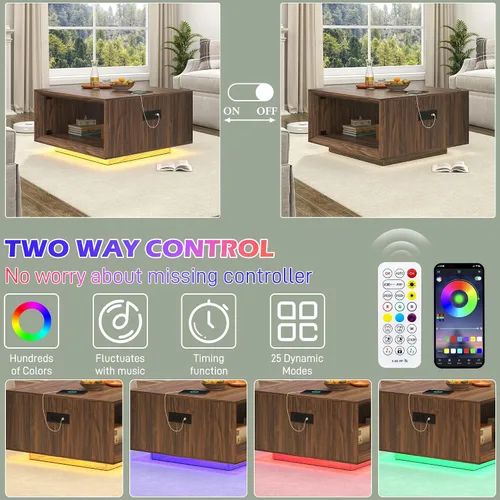 Miniatura 5 de Mesa de centro moderna de mediados de siglo de 32 pulgadas para sala de estar, mesa central cuadrada con luz LED y toma de corriente, mesa de cóctel